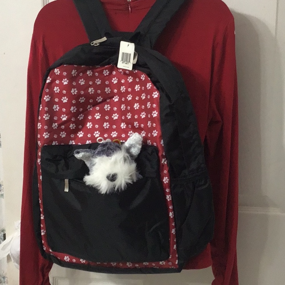 Pet Lovers Large Red & Black Paw Printed Fabric Backpack. Lightweight.